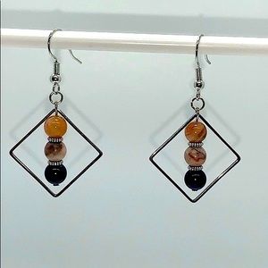 21070 Sunstone, pink zebra jasper, lapis lazuli earrings